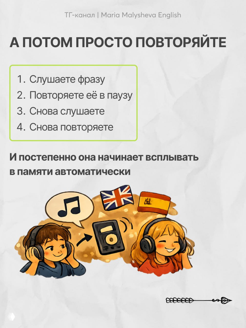 Слайд с простыми шагами: пронумерованный список — слушаете фразу, повторяете в паузу, снова слушаете, снова повторяете, иллюстрация детей с наушниками