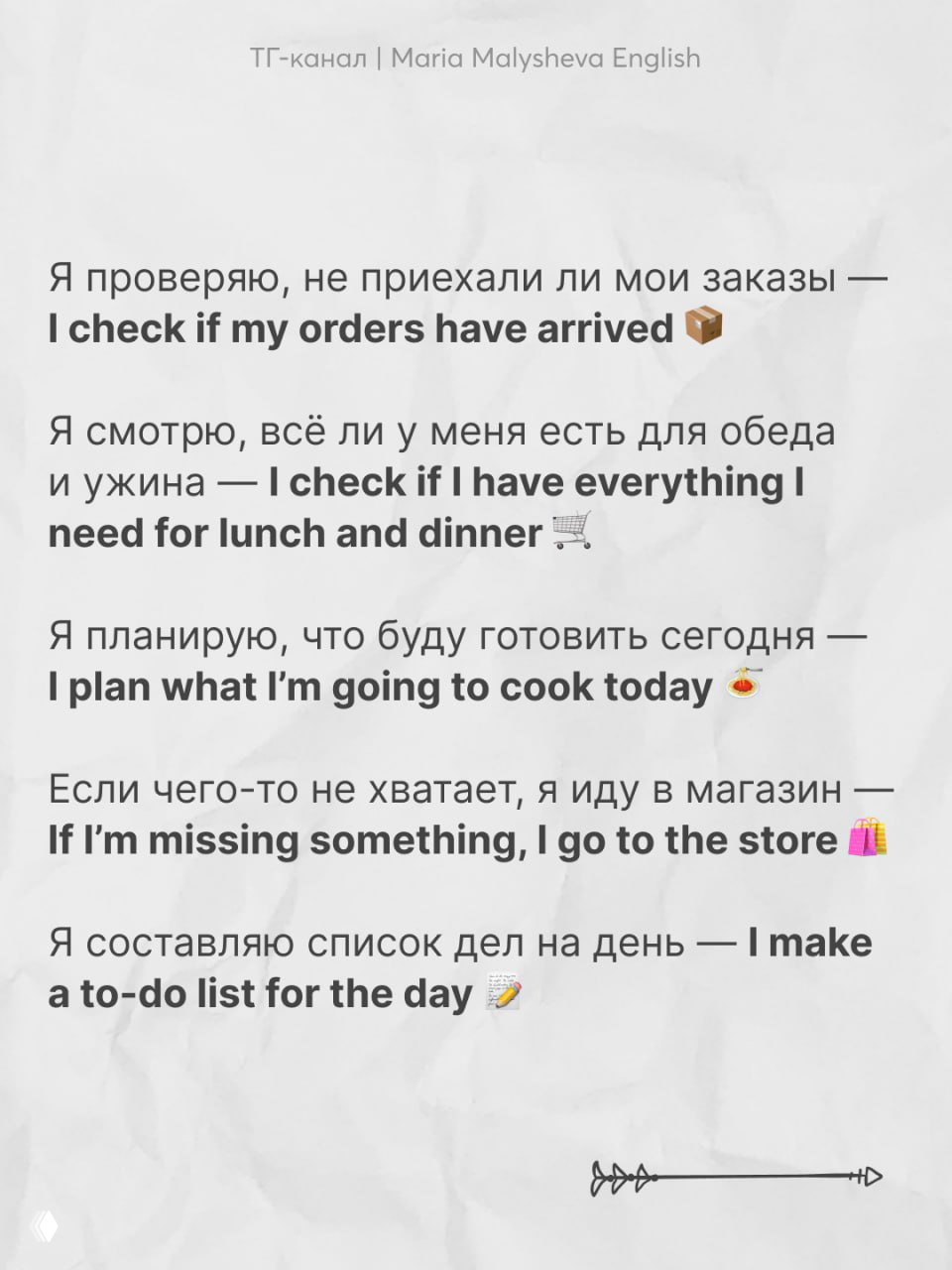 Слайд с планированием дня: проверка заказов, список для покупок, планирование что готовить и составление to‑do list на английском.