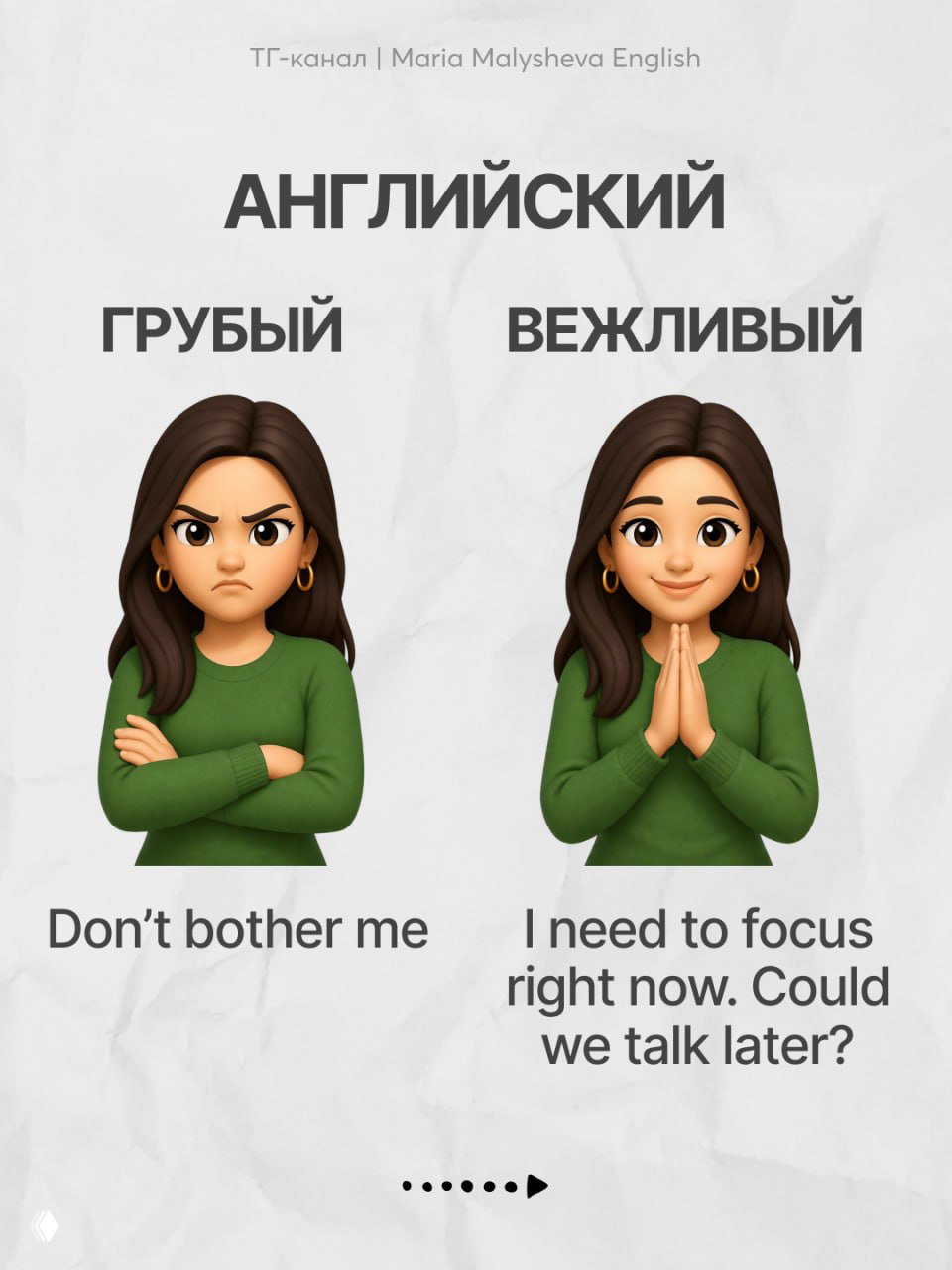 Слайд с двумя Memoji: слева 'Don't bother me', справа вежливая альтернатива 'I need to focus right now. Could we talk later?' — акцент на подаче.