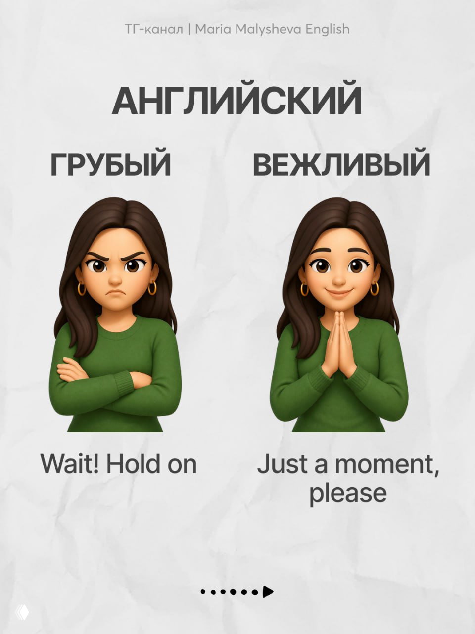 Сравнение коротких и вежливых вариантов: 'Wait! Hold on' слева и 'Just a moment, please' справа на фоне мемодевочек.