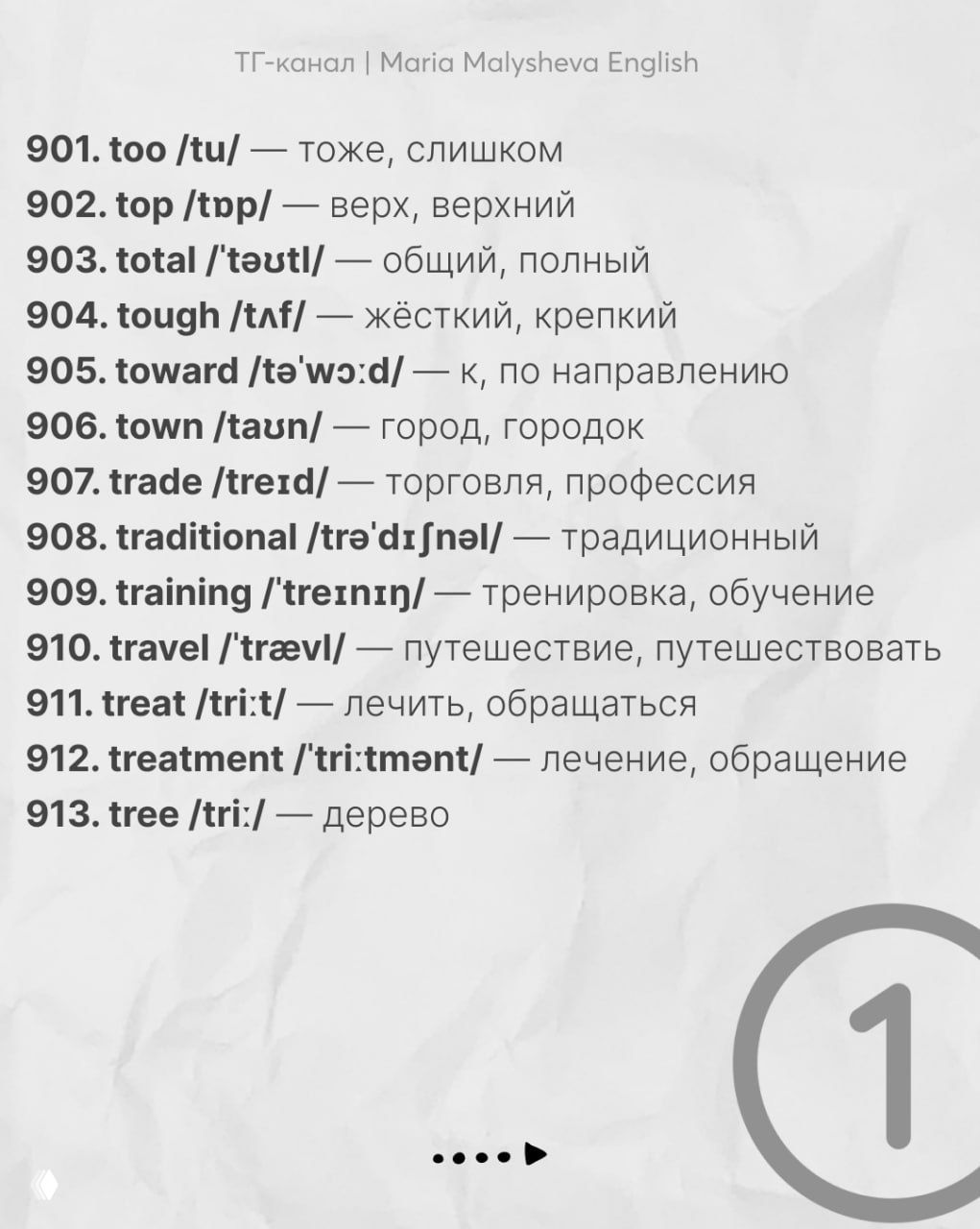 Слайд со списком слов 901–913: английские слова с транскрипцией и русскими переводами, аккуратно набранный текст на светлом фоне.