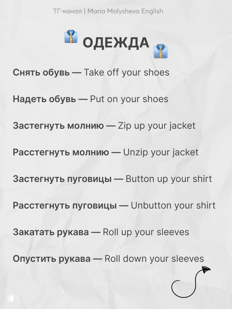 Слайд «ОДЕЖДА» с русскими глаголами (снять обувь, надеть обувь и т.д.) и их английскими переводами: практичные фразы для быта.