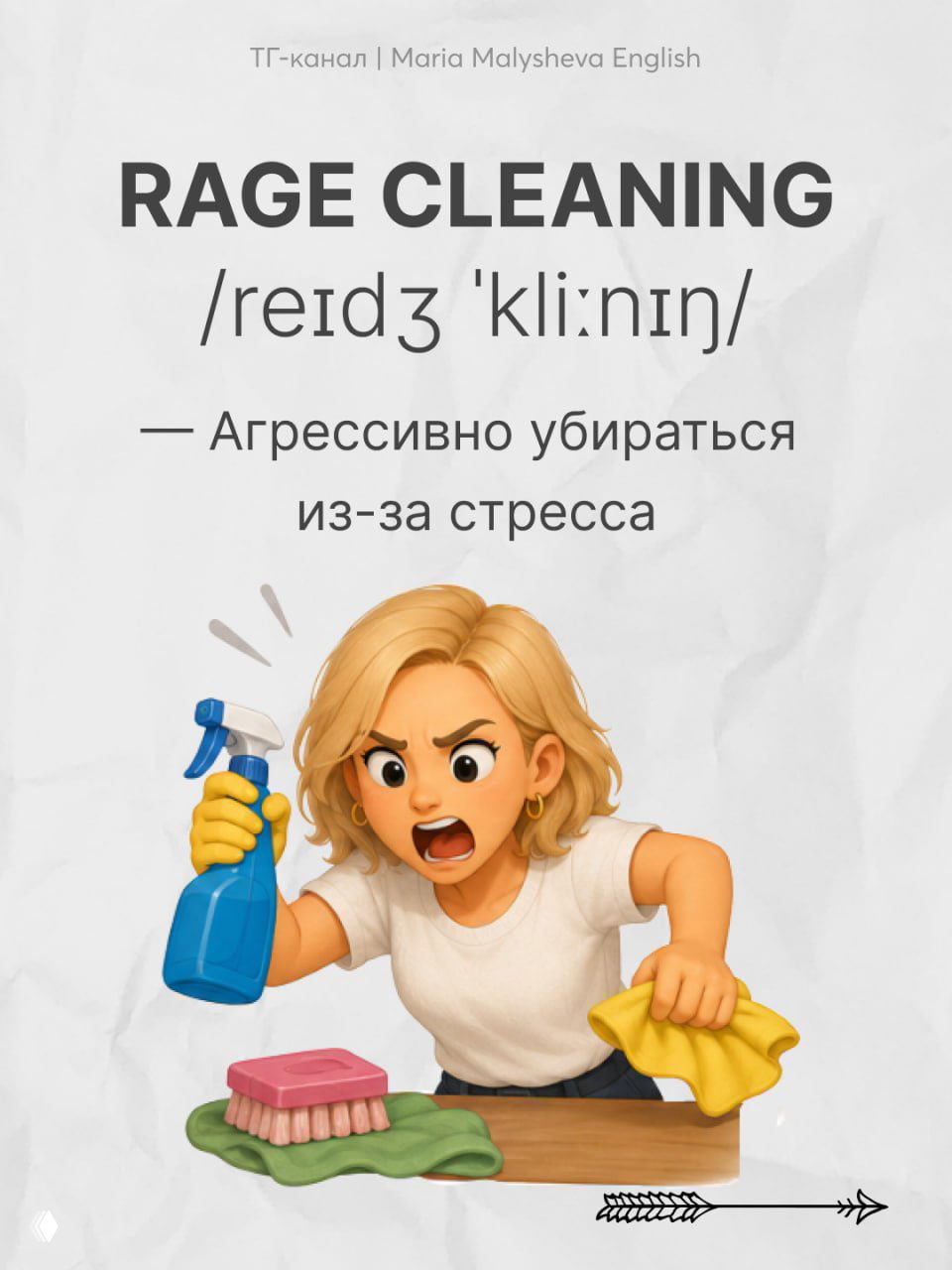 Слайд с фразой RAGE CLEANING, транскрипцией и значением «агрессивно убираться из‑за стресса», иллюстрация человека, яростно убирающего на столе.