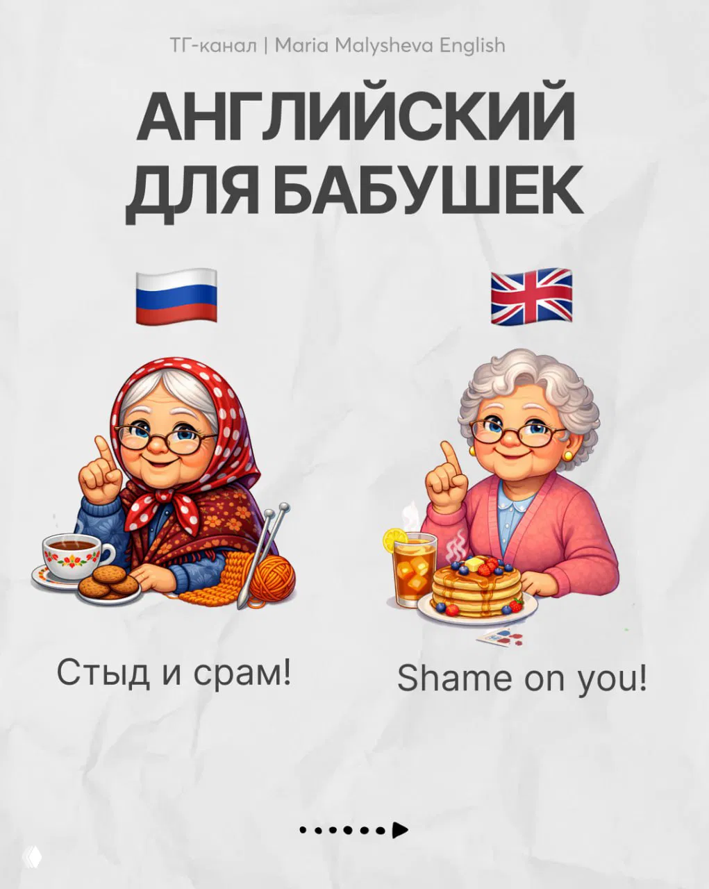 Иллюстрация: следующая карточка серии «Английский для бабушек» с ещё одной парой русской и английской фраз, характерные образы и посуда.