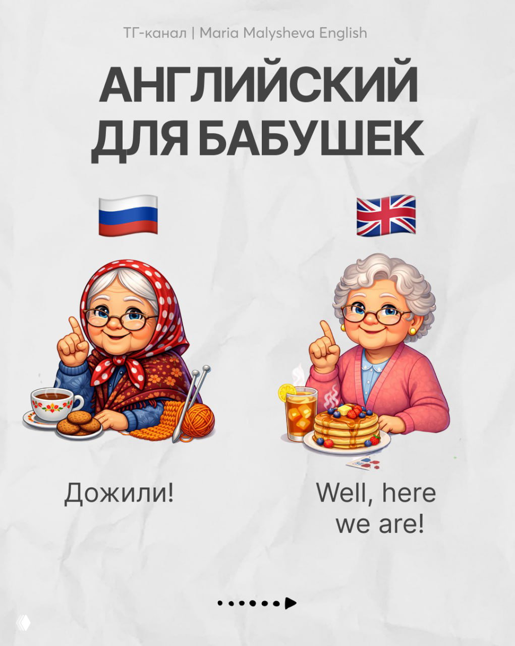 Иллюстрация: слайд из подборки «Английский для бабушек» — русская фраза слева и её английский аналог справа, дружелюбные персонажи.