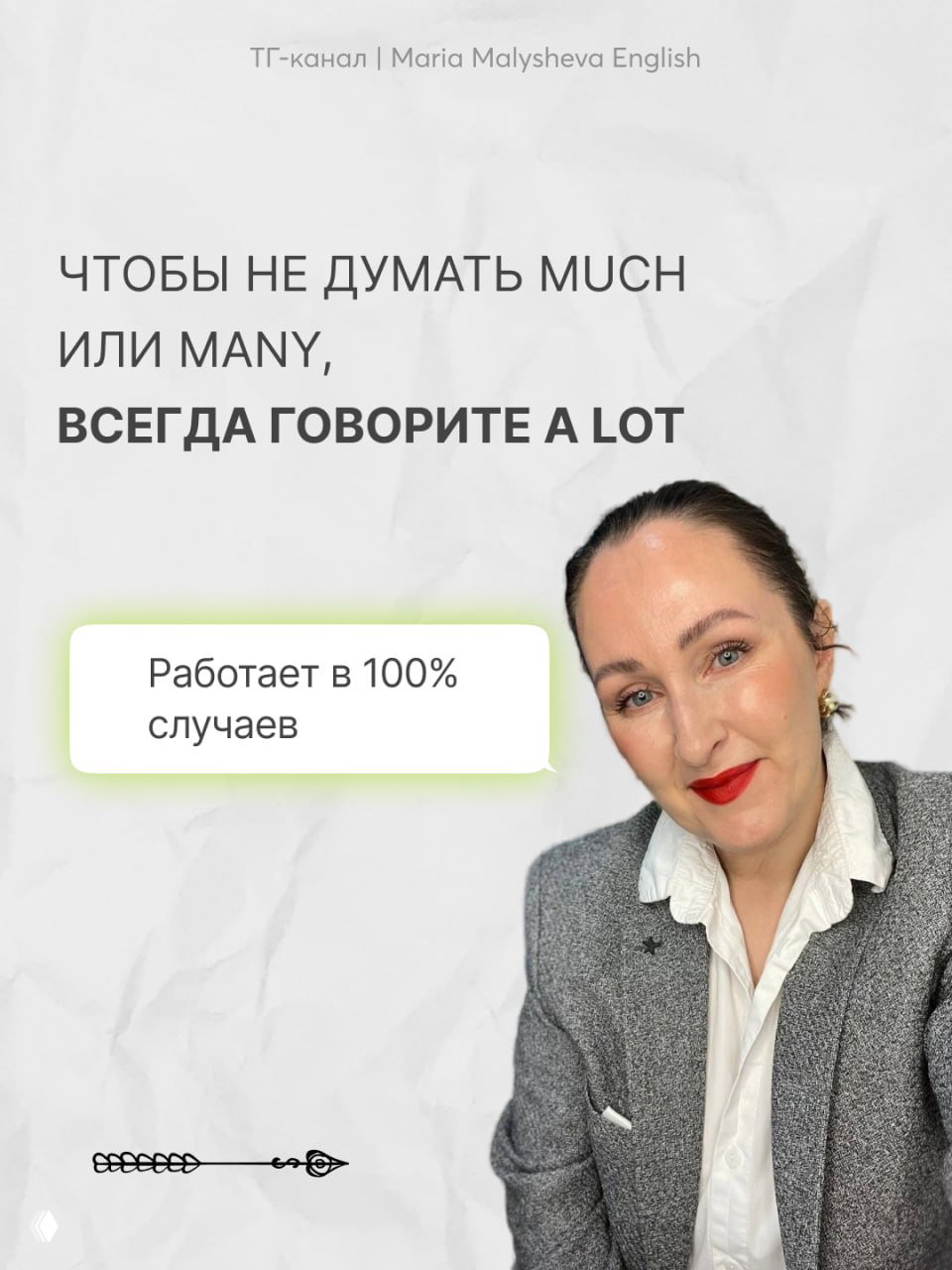 Слайд с советом «всегда говорите a lot» и портретным фото автора в деловом пиджаке на светлом фоне.