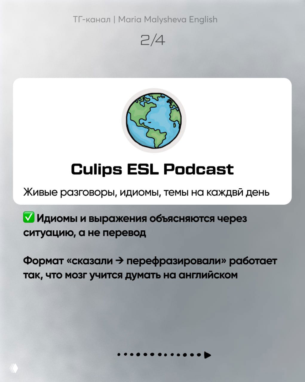 Слайд 2/4: карточка подкаста Culips ESL Podcast с иконкой глобуса и подписью о живых разговорах, идиомах и темах на каждый день