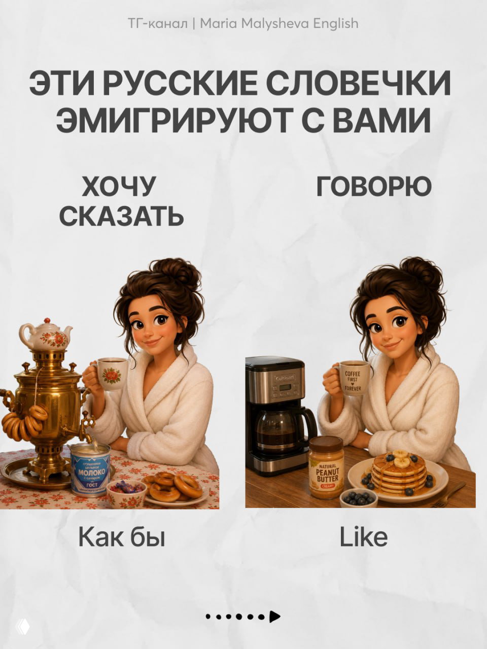 Постер с заголовком о русских словечках: на левой части — русская утренняя композиция, на правой — западный завтрак и девушка, демонстрирующая эквиваленты.