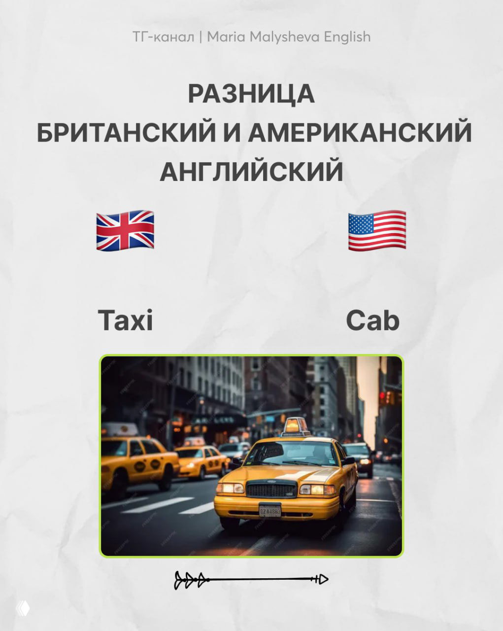 Инфографика: пара слов «Taxi» vs «Cab» с флагами и фотографией городского такси, демонстрирующая разные слова в британском и американском вариантах.
