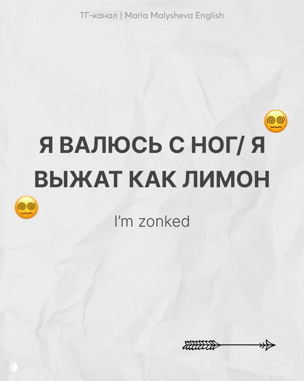Слайд «Я ВАЛЮСЬ С НОГ/Я ВЫЖАТ КАК ЛИМОН» с переводом «I’m zonked», крупный текст и усталые эмодзи на светлом фоне.