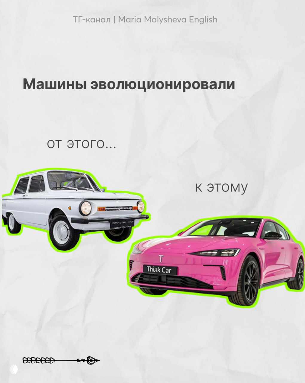 Сравнительный коллаж: старая машина слева и современная яркая машина справа, метафора эволюции технологий и методов обучения.