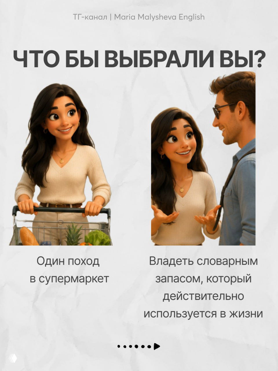 Мультяшная героиня в супермаркете и разговор с мужчиной; иллюстрация выбора между одним походом за продуктами и владением жизненно нужным словарным запасом.