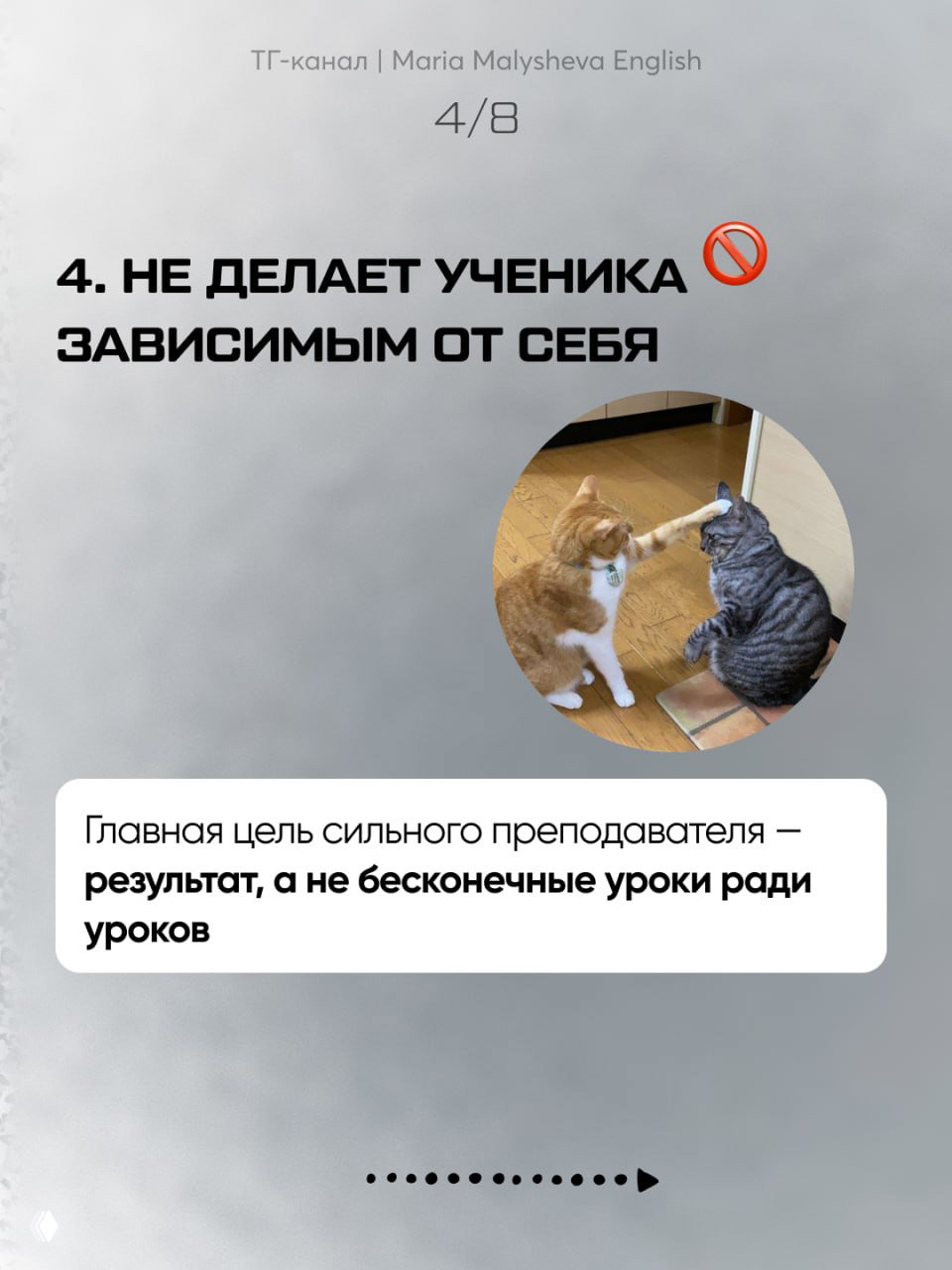 Слайд 4/8 про то, что преподаватель не делает ученика зависимым от себя; на слайде круглая фотография двух котов, взаимодействующих друг с другом.