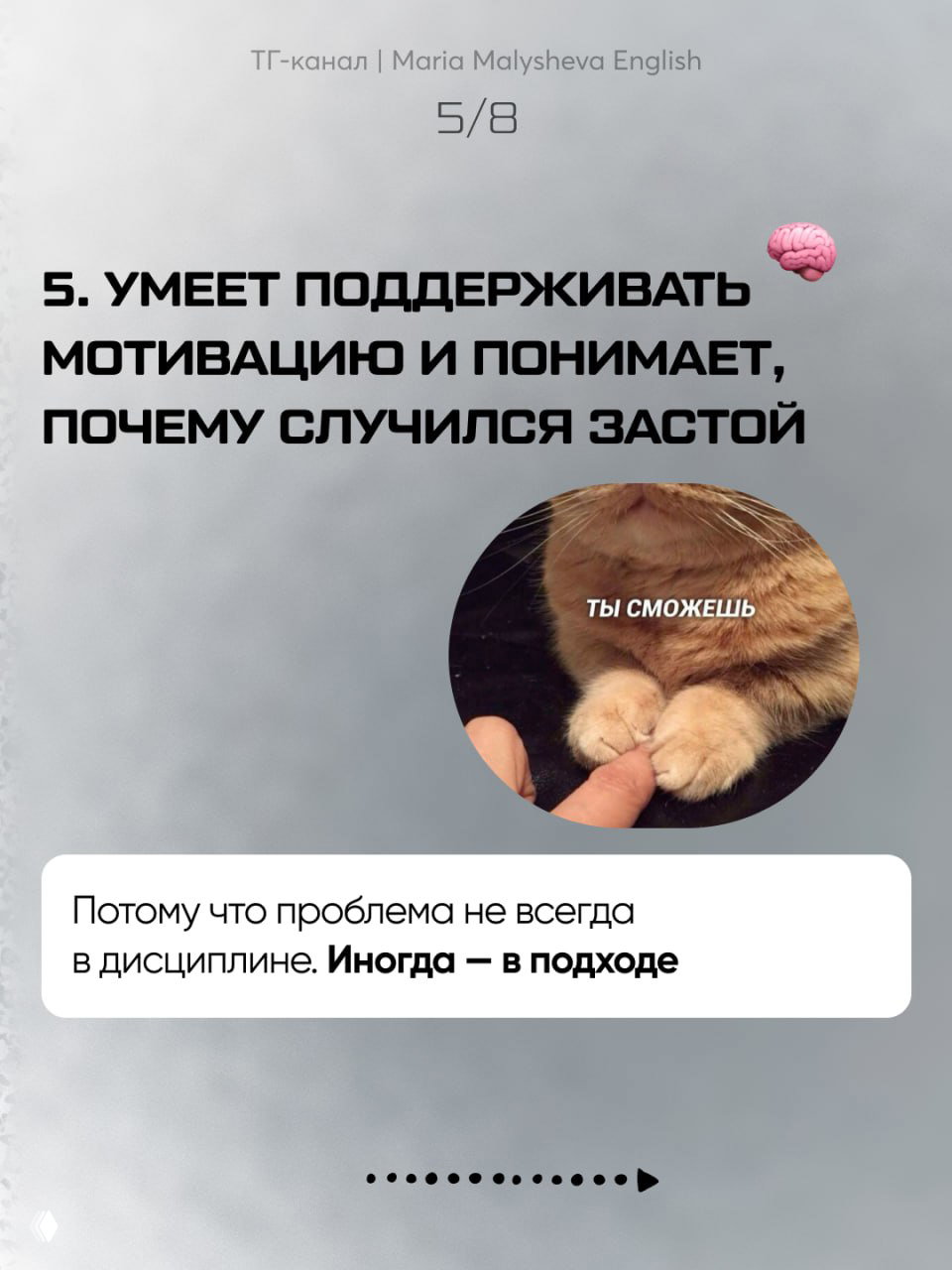 Слайд 5/8 о поддержании мотивации: на фоне текст, в круге крупный план кошачьих лап с подписью «ты сможешь».