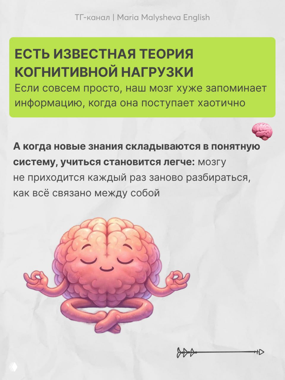 Инфографика о когнитивной нагрузке: зелёный блок текста и иллюстрация мозга, объясняющие важность связей при изучении языка для запоминания.