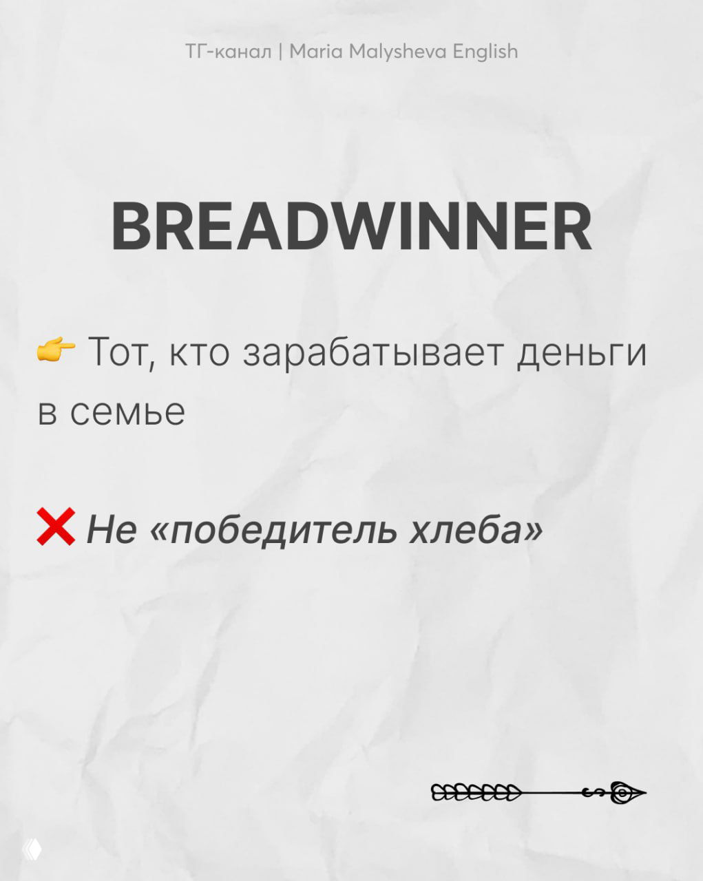 Слайд BREADWINNER с определением человека, зарабатывающего деньги в семье, и примечанием против буквального перевода «победитель хлеба».