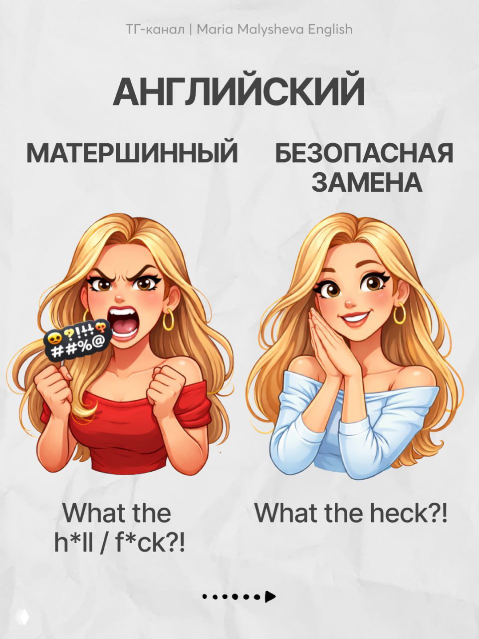 Карточка с примерами: агрессивная версия 'What the h*ll / f*ck?!' и мягкая альтернатива 'What the heck?!' в образной подаче.