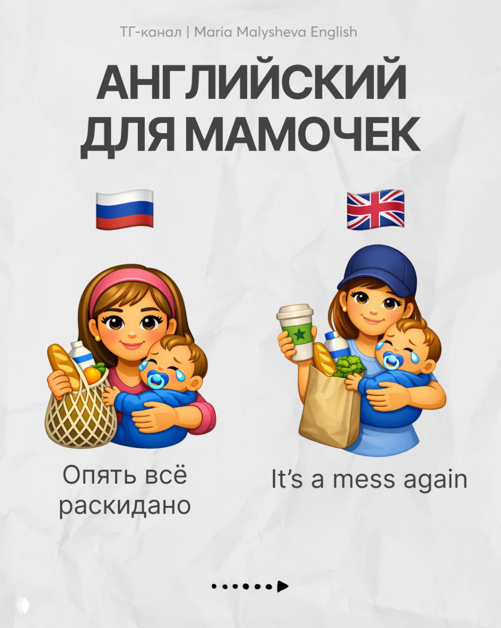 Карточка с русской фразой «Опять всё раскидано» и английским переводом «It's a mess again» — учебный пример для мам.