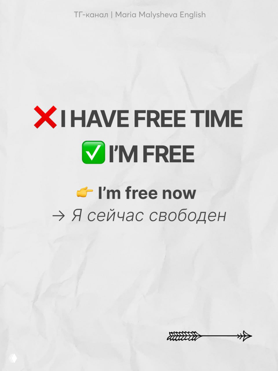 Карточка с примером «I9m free» vs «I have free time» и пояснением, как сказать по-английски, что вы свободны прямо сейчас.