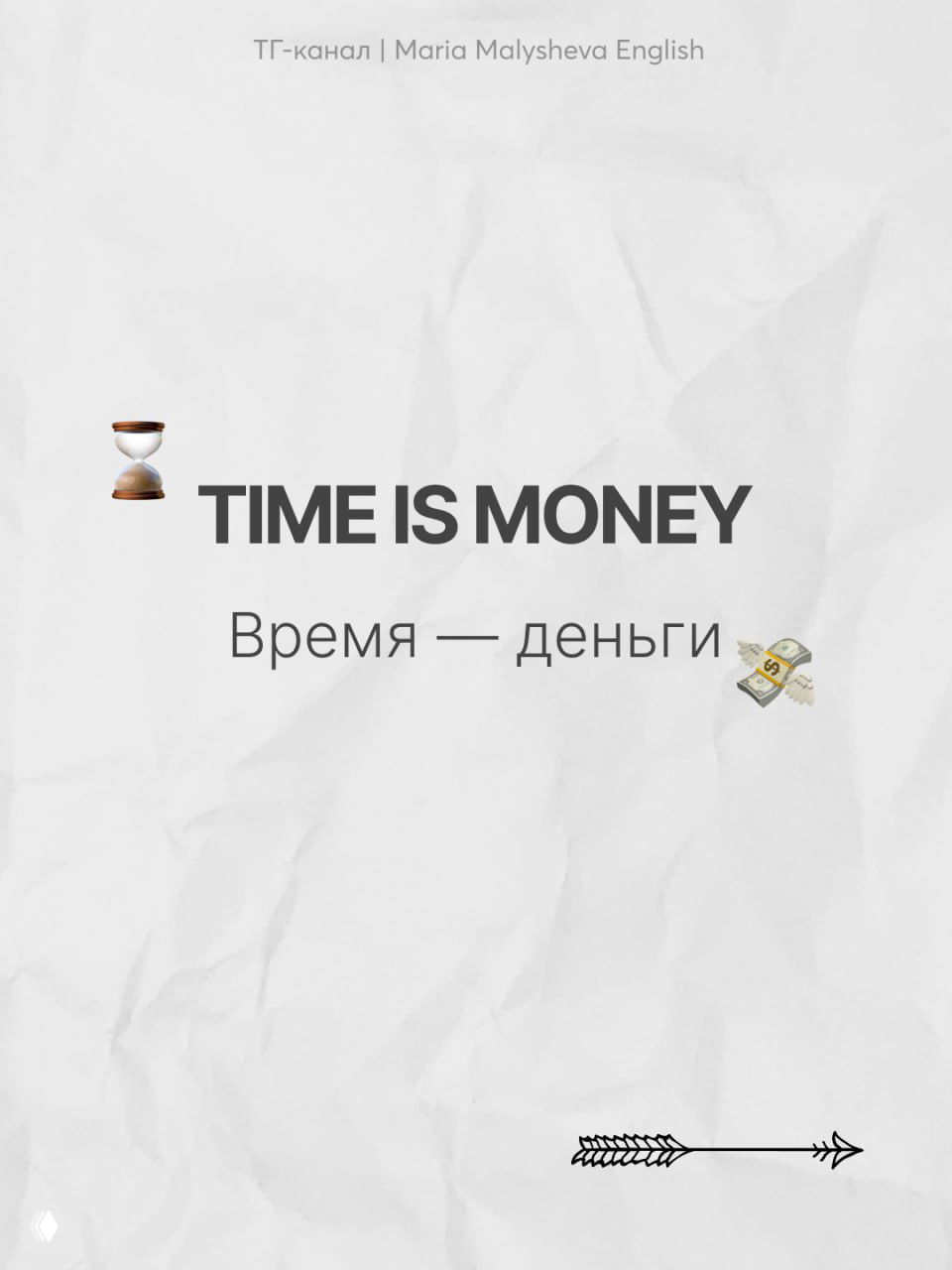 Слайд с фразой TIME IS MONEY и русским переводом «Время — деньги» на белом текстурном фоне, декоративные эмодзи и стиль оформления канала.