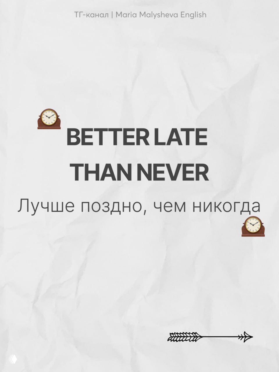 Слайд с фразой BETTER LATE THAN NEVER и переводом «Лучше поздно, чем никогда», минималистичный дизайн и эмодзи часов в углах.