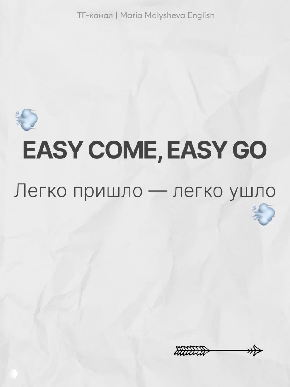 Слайд с фразой EASY COME, EASY GO и переводом «Легко пришло — легко ушло», лаконичный макет с эмодзи и текстом на белом фоне.