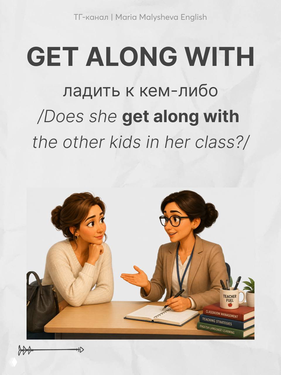 Карточка GET ALONG WITH: перевод «ладить с кем‑либо», пример; визуально — дружеская беседа учителя и родителя за столом.