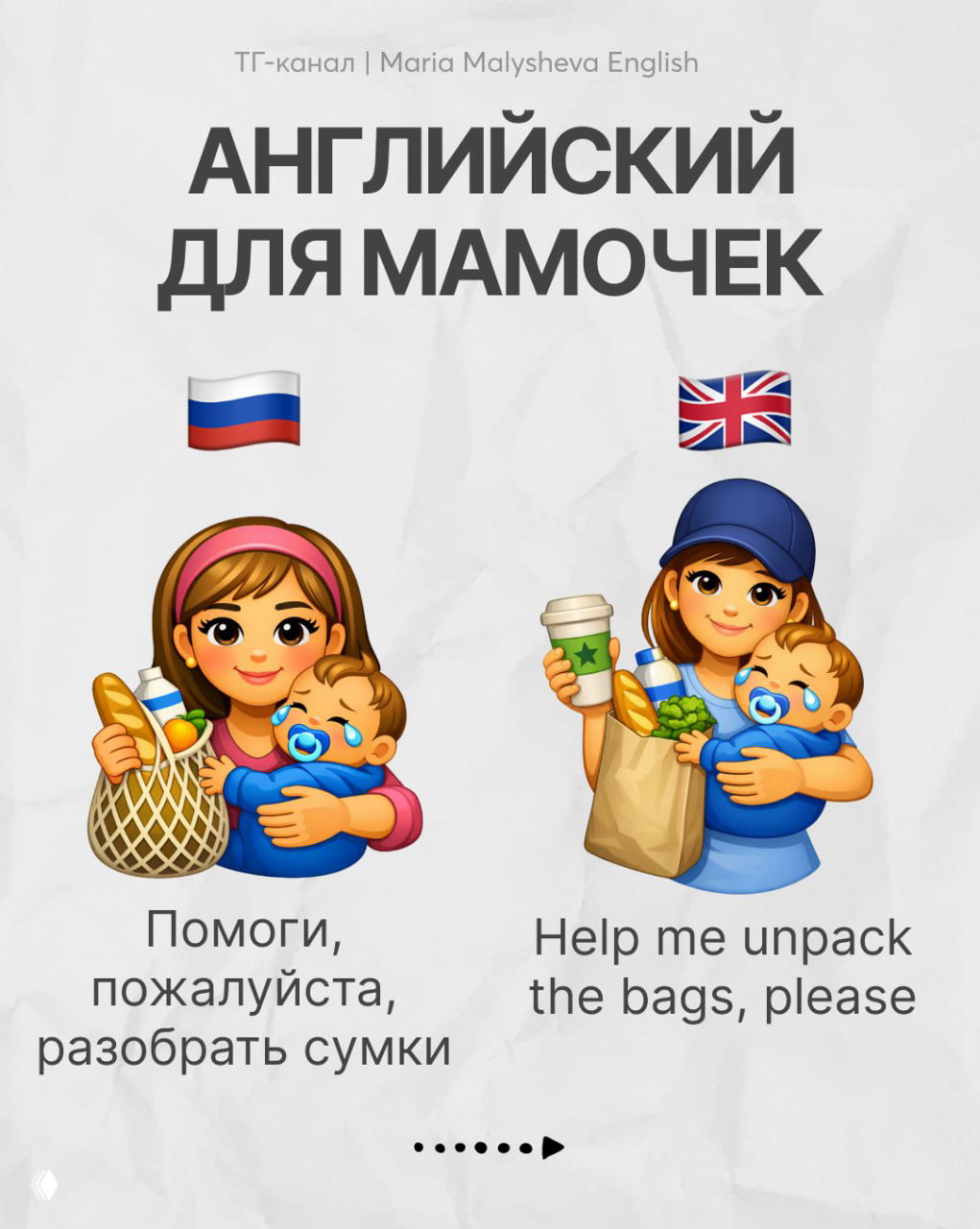 Визуальное сравнение русского обращения к помощнику и английской фразы «Help me unpack the bags, please» — для разговорной практики.
