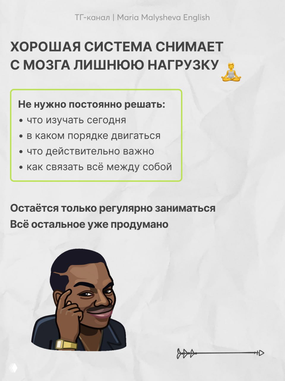Слайд о том, что хорошая система снимает лишнюю нагрузку: блок с пунктами — что не нужно решать постоянно, и акцент на регулярной практике.