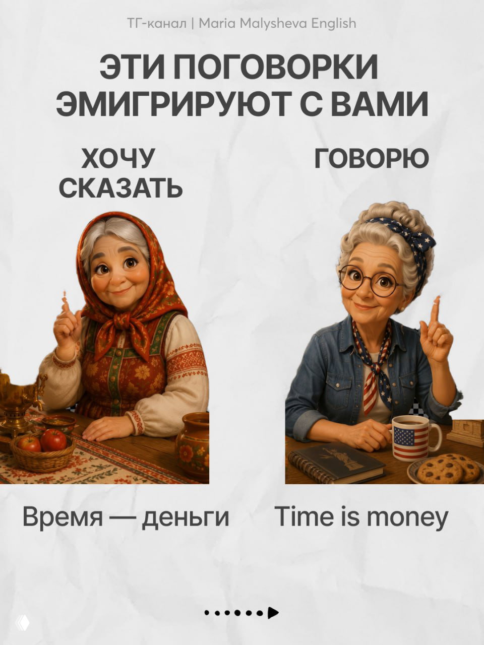 Постер с двумя изображениями: слева русская поговорка «Время — деньги», справа перевод на английский «Time is money», стилизованные персонажи.