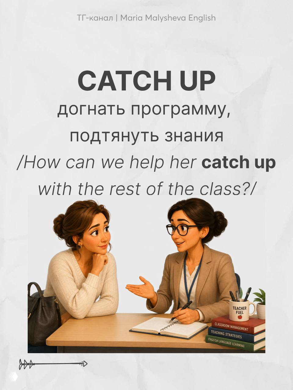 Карточка CATCH UP: перевод «догнать программу, подтянуть знания», пример; изображение консультации учителя и родителя с учебниками на столе.