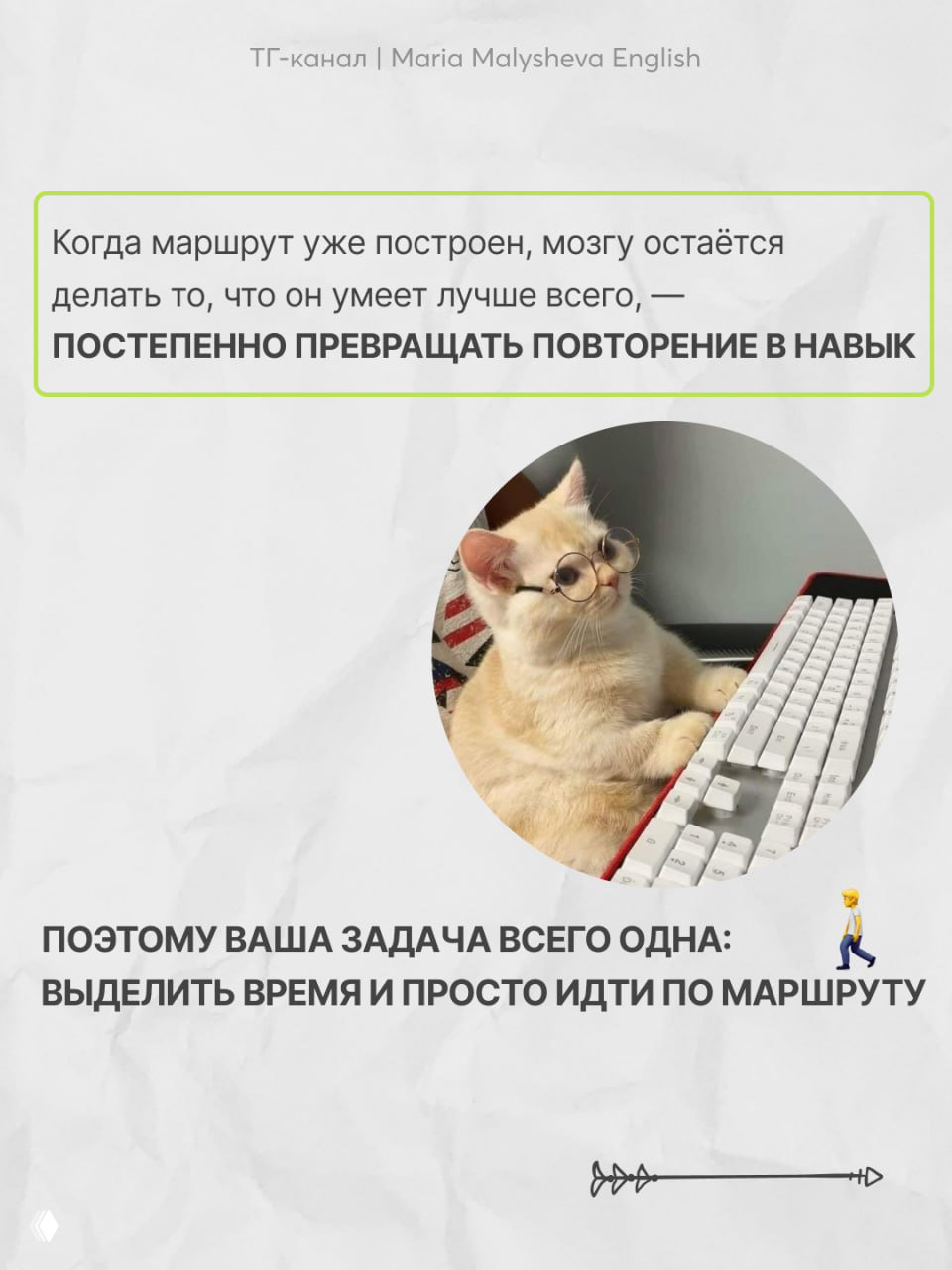Слайд с котиком за клавиатурой в очках и текстом о том, что маршрут превращает повторение в навык — важность привычки и постоянства занятий.
