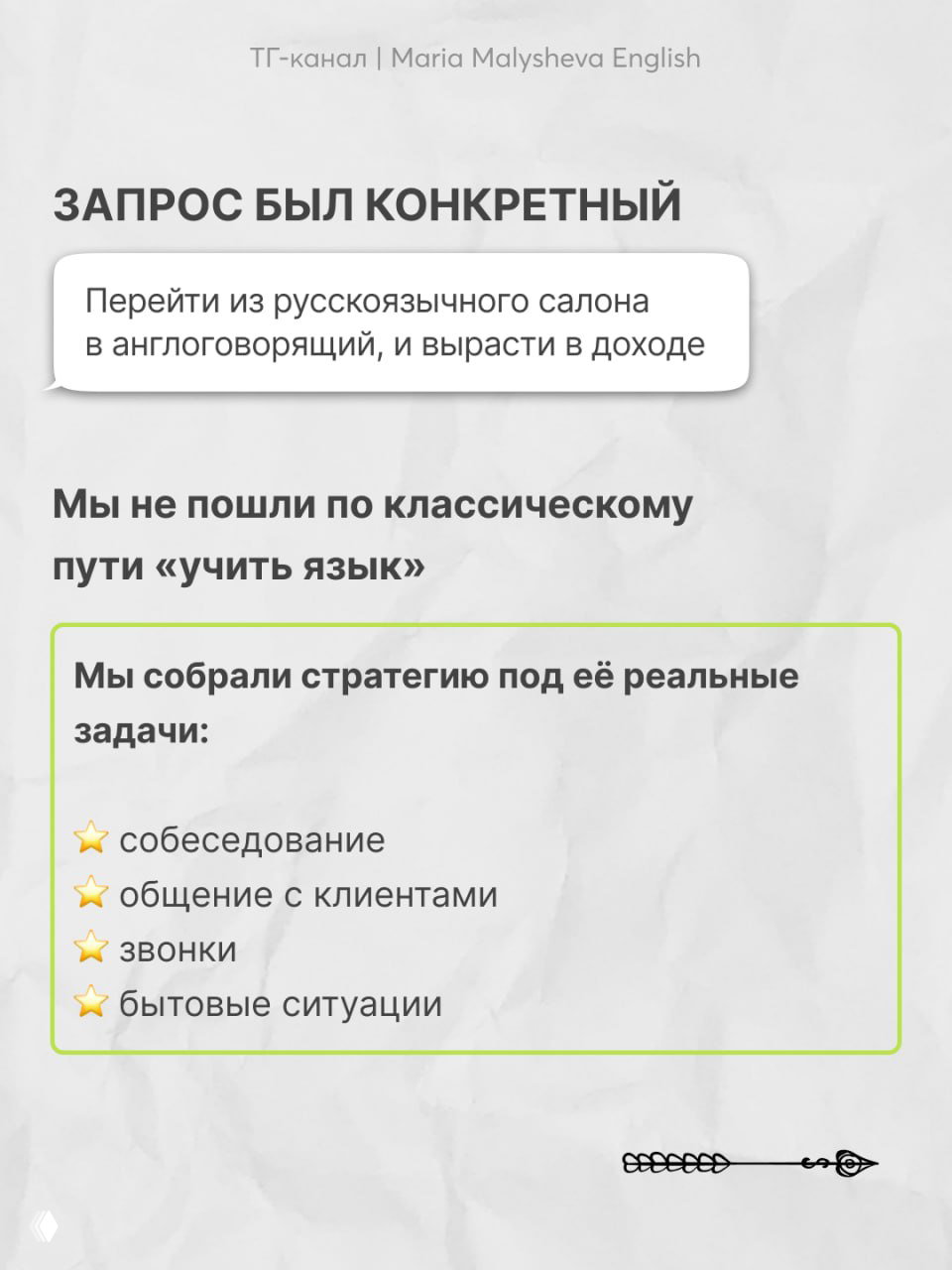 Слайд «Запрос был конкретный»: карточка с задачей перейти в англоговорящий салон и вырасти в доходе, зелёный контур вокруг списка целевых задач.