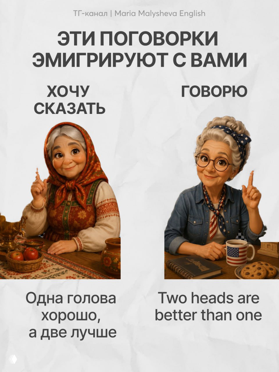 Коллаж с персонажами и текстом: русская поговорка «Одна голова хорошо, а две лучше» и английский эквивалент.