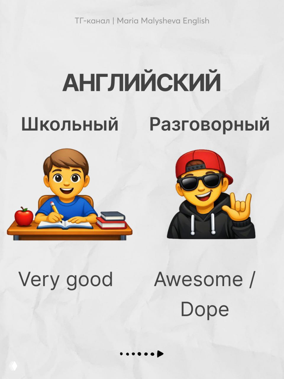 Слайд с парами слов: Very good (школьный) и Awesome / Dope (разговорный), эмодзи и подпись канала Maria Malysheva.