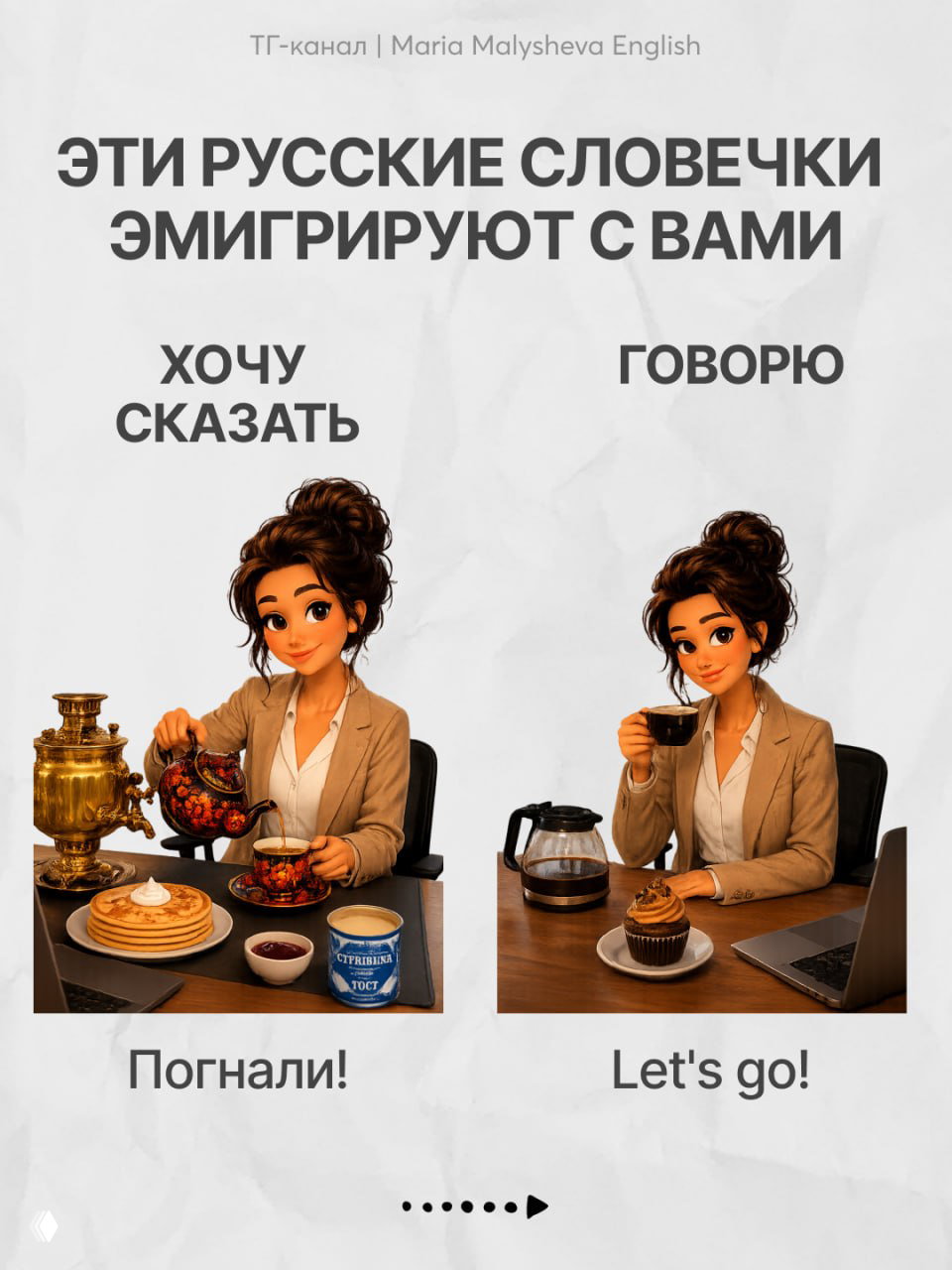 Коллаж с заголовком «ЭТИ РУССКИЕ СЛОВЕЧКИ ЭМИГРИРУЮТ С ВАМИ», две колонки: слева русские фразы, справа английские эквиваленты; девушка за столом.