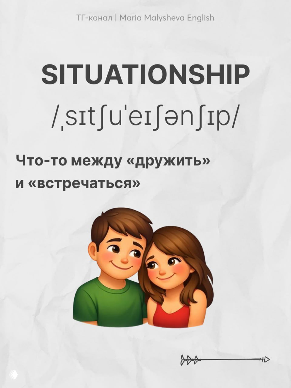Слайд со словом SITUATIONSHIP, транскрипцией и пояснением «Что-то между «дружить» и «встречаться»», иллюстрация мальчика и девочки рядом.