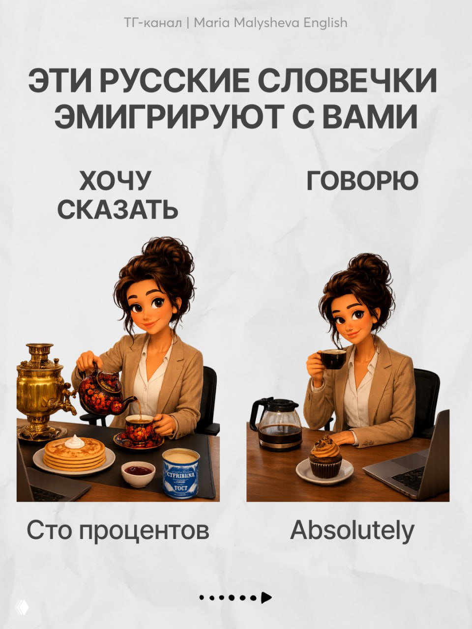 Коллаж с заголовком «ЭТИ РУССКИЕ СЛОВЕЧКИ ЭМИГРИРУЮТ С ВАМИ», две колонки: слева русские фразы, справа английские эквиваленты; девушка за столом.