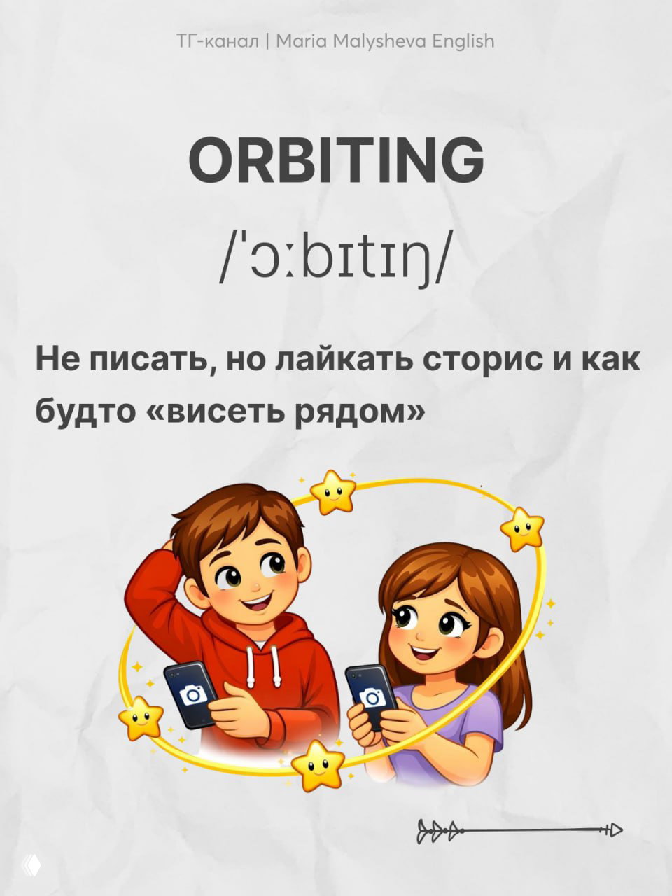 Слайд со словом ORBITING, транскрипцией и объяснением про лайки сторис и «висеть рядом», иллюстрация молодых людей с телефонами.