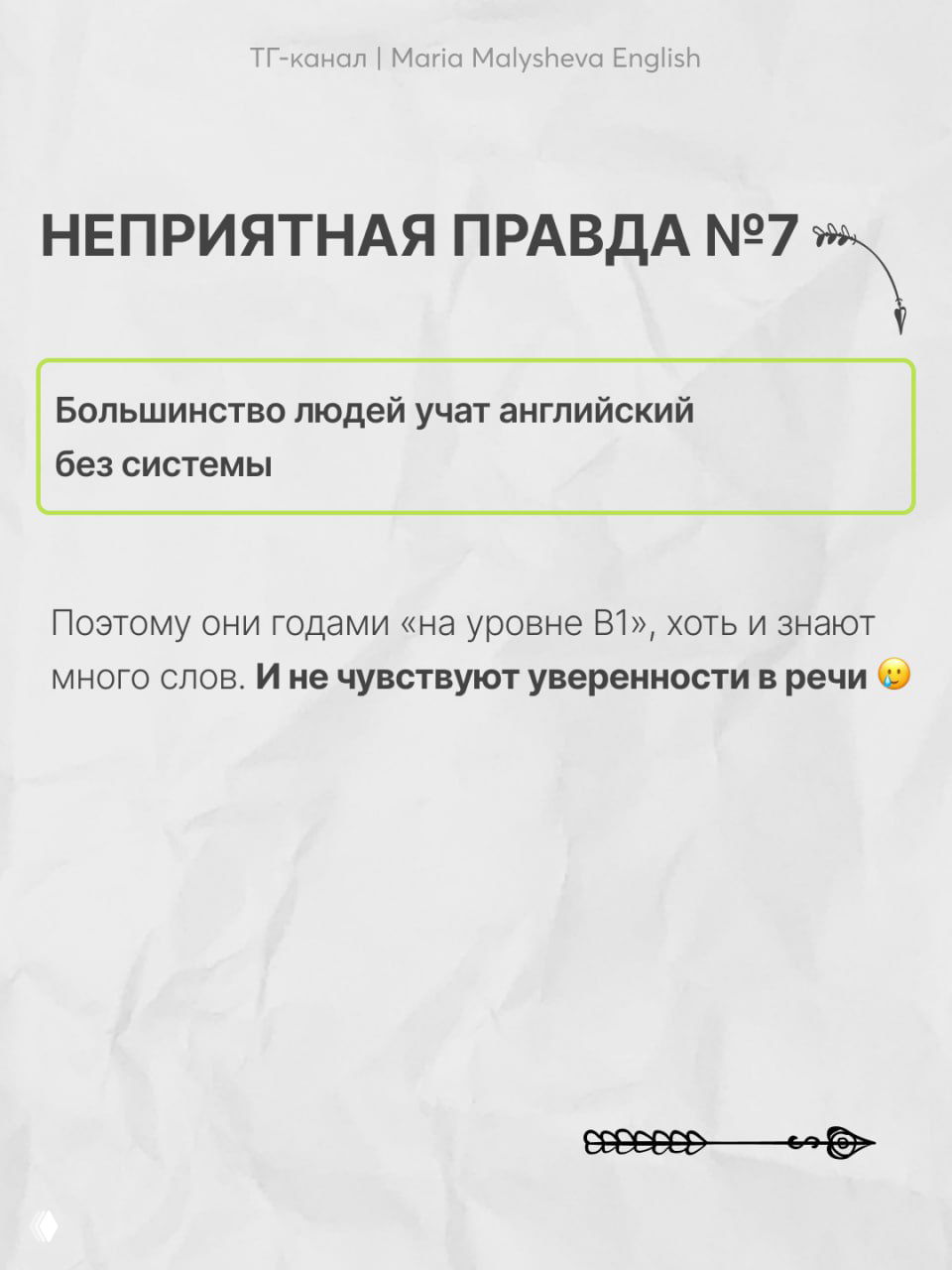 Слайд №7: большинство людей учат английский без системы и долго остаются на уровне B1, не чувствуя уверенности в речи.