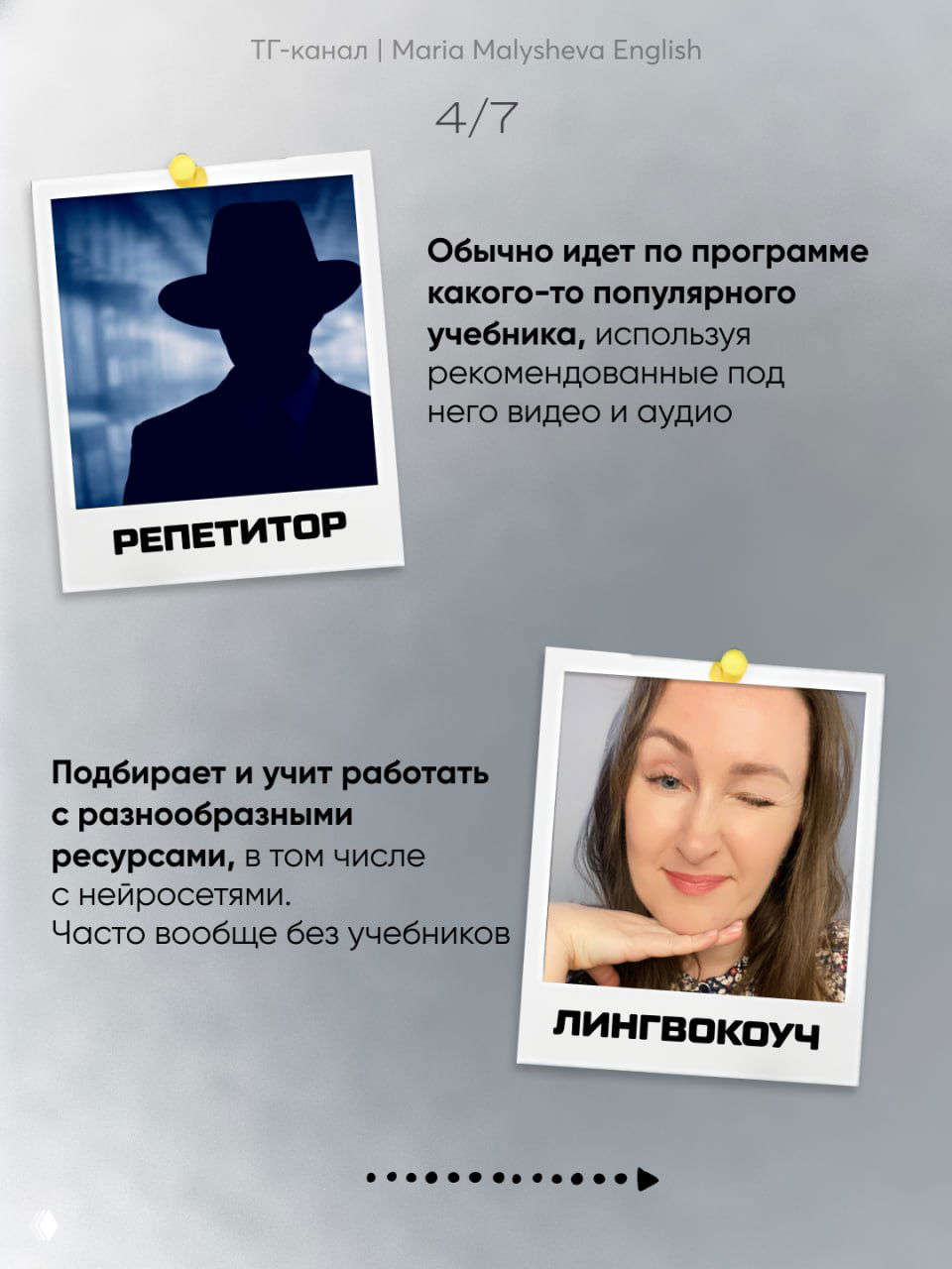 Слайд 4/7: репетитор работает по учебнику, лингвокоуч подбирает разнообразные ресурсы, в том числе нейросети — иллюстрация контраста.