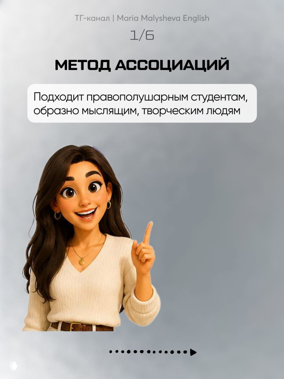 Слайд 1/6: заголовок «МЕТОД АССОЦИАЦИЙ», мультяшная женщина указывает пальцем; пояснение о подходе для правополушарных и творческих людей.
