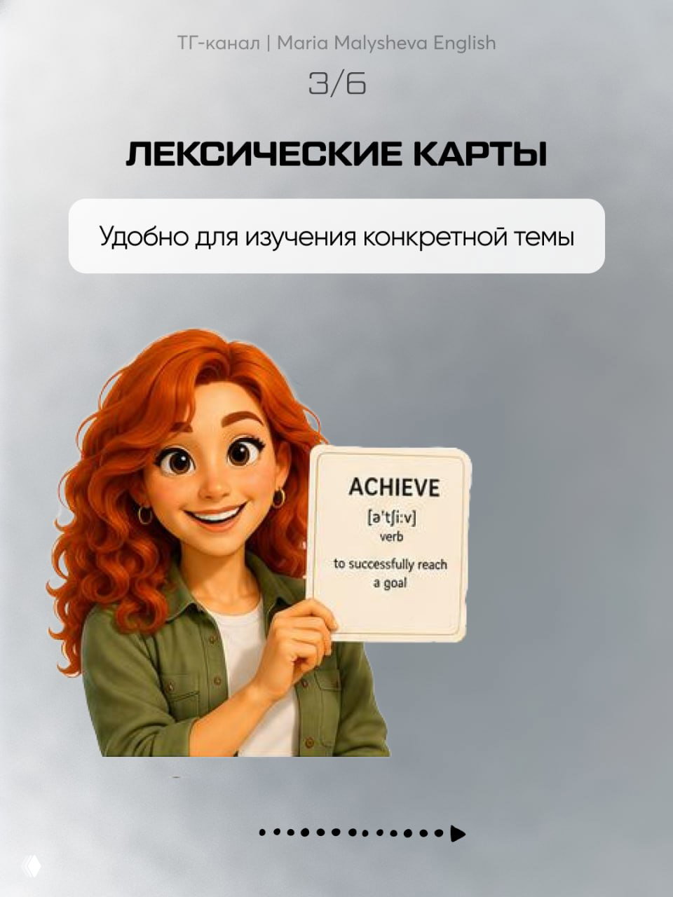 Слайд 3/6: «ЛЕКСИЧЕСКИЕ КАРТЫ» — рыжеволосая мультперсона держит карточку ACHIEVE; текст про удобство для изучения темы.
