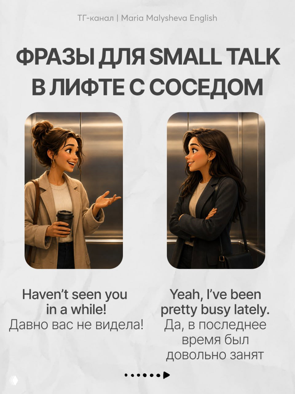 Слайд карусели: пара реплик на английском и русском, показанные как диалог в лифте — примеры реакций и ответов для соседей.