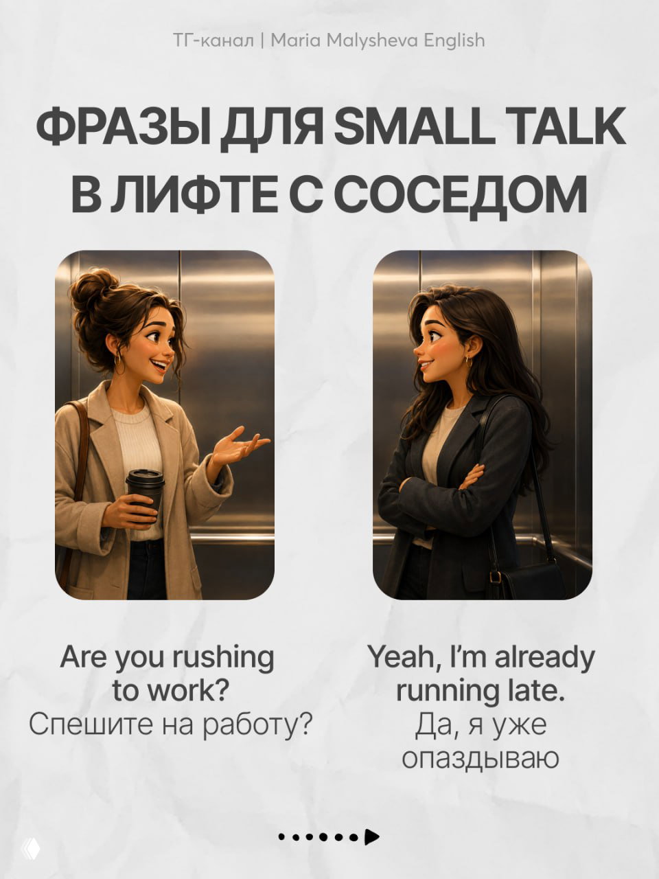 Ещё один слайд: фраза «Haven’t seen you in a while!» и её перевод на русский, иллюстрация живого бытового общения в лифте.