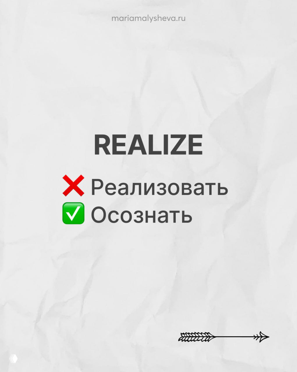 Слайд с словом REALIZE, указаны две русские опции: крестик у «реализовать» и галочка у «осознать», минималистичный фон.