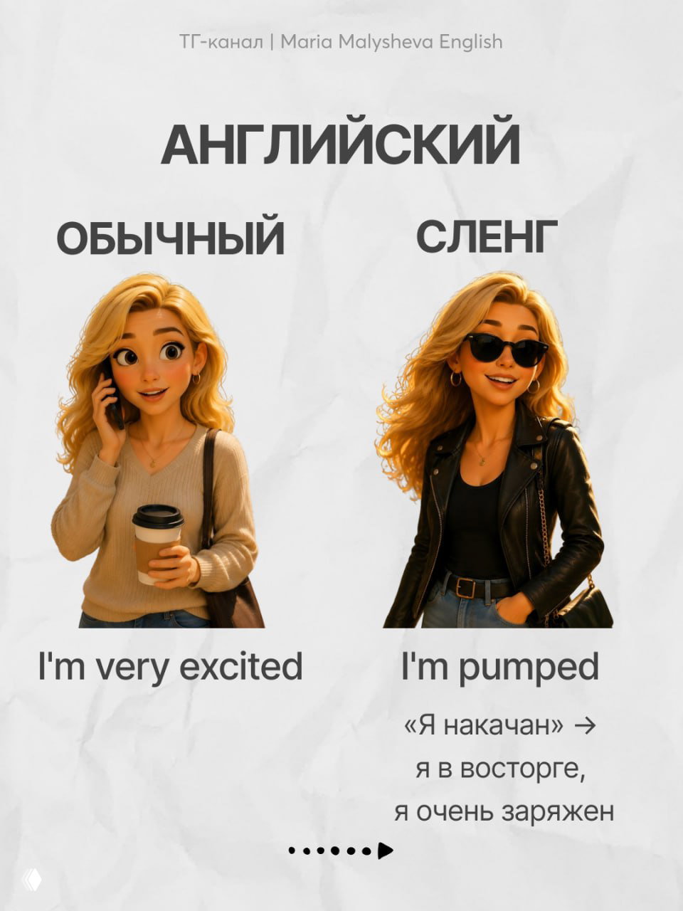 Слайд с примерами: «I'm very excited» и сленговый эквивалент «I'm pumped» с переводом и пояснениями, два персонажа в разном стиле.