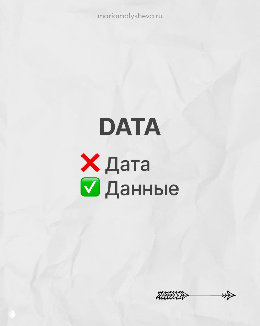 Слайд с словом DATA: крест у «дата» и галочка у «данные», иллюстрация ошибки в переводе схожих слов для русских изучающих английский.