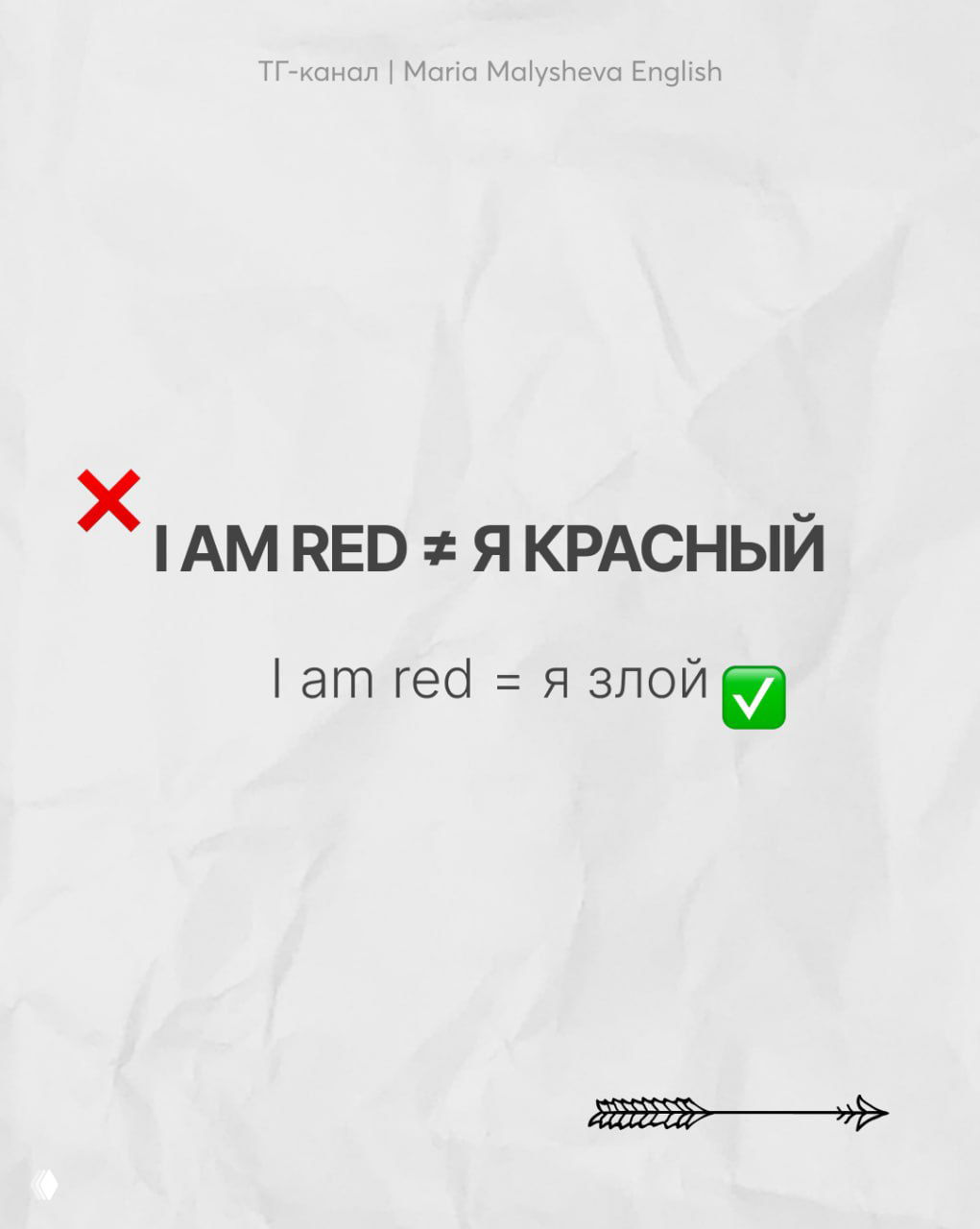 Слайд с текстом «I AM RED ≠ Я КРАСНЫЙ» и пояснением «I am red = я злой»; минималистичный дизайн на белом фоне, эмодзи и галочка.