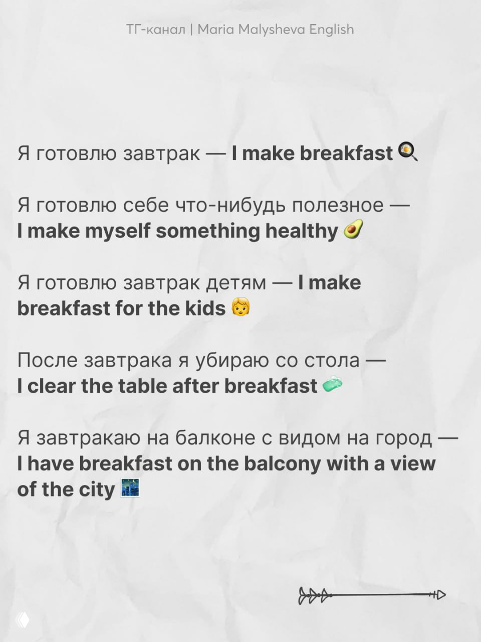 Слайд про завтрак: фразы «I make breakfast», «I make myself something healthy», «I clear the table after breakfast» с русскими подписями.
